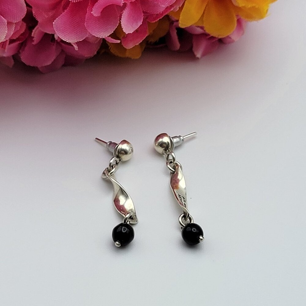 Vintage ATI Mexico 925 Sterling Silver Black Onyx Ball Bead Drop Earrings 1.5 In